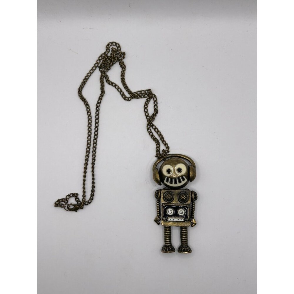 Steampunk Robot Pendant Necklace With Long Chain In Antique Brass Tone